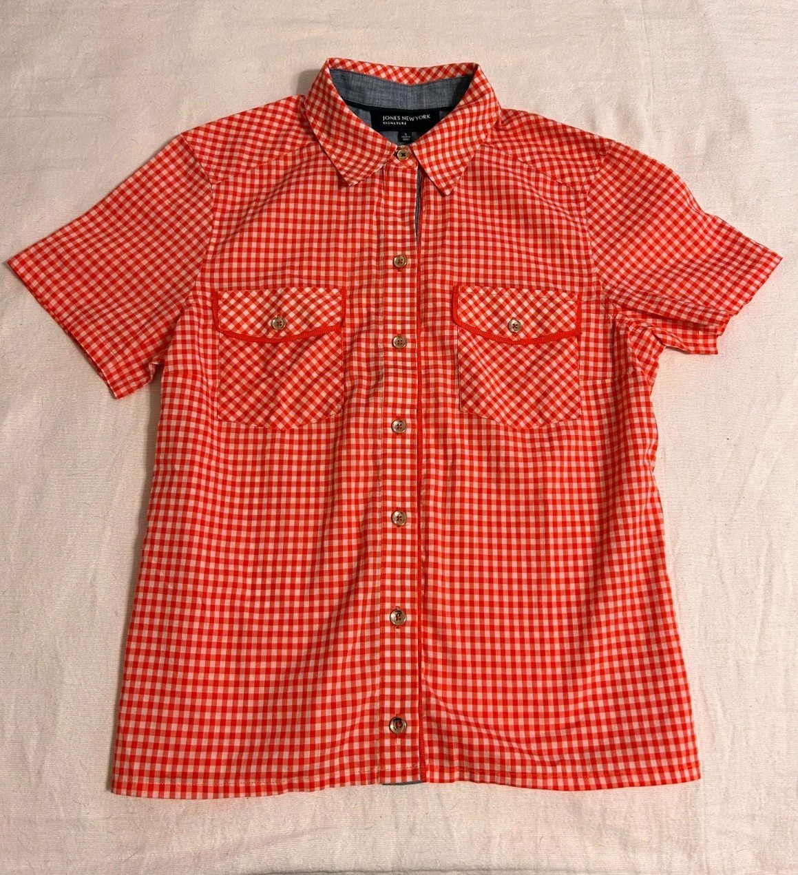 Jones New York Signature Red Gingham Easy Care Cotton Shirt S Button-up SS