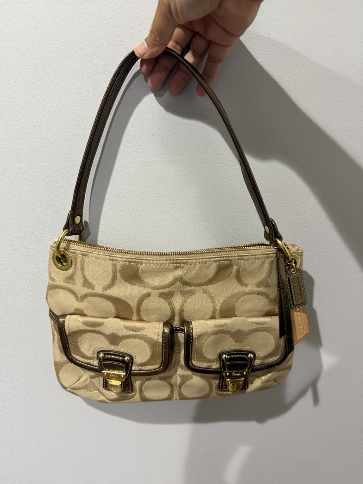 Coach Gold Tan Brown Poppy Signature Sateen Shoulder Bag 18980 Purse F