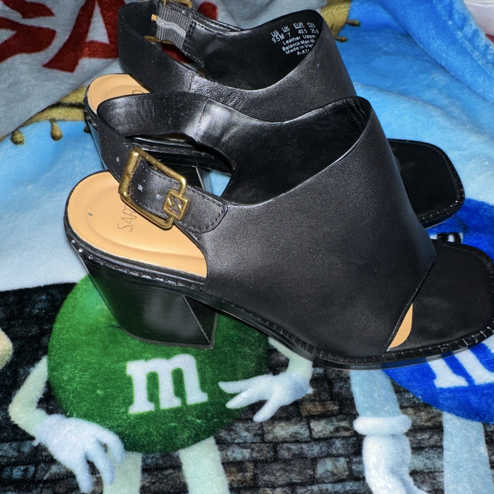 Franco Sarto Women’s Black Leather Slingback Peep Toe Buckle Heels 9.5M 40.5