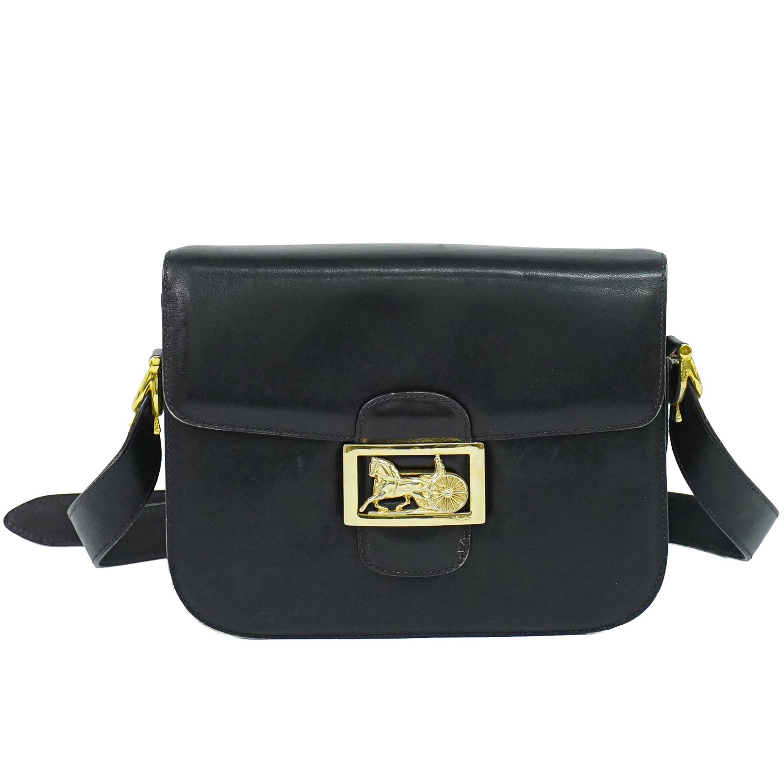 CELINE Horse Carriage Hardware Leather Shoulder Bag Black Gold
