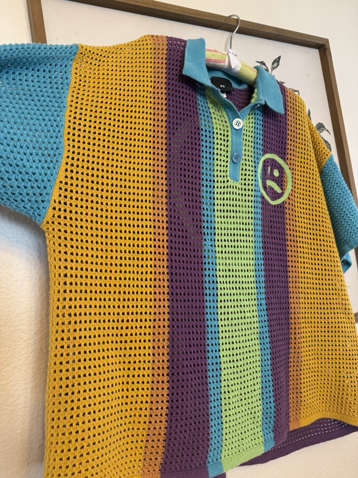 Lazy Oaf Womens L Multicolor Striped Open-Knit Collared Short Sleeve Sweater