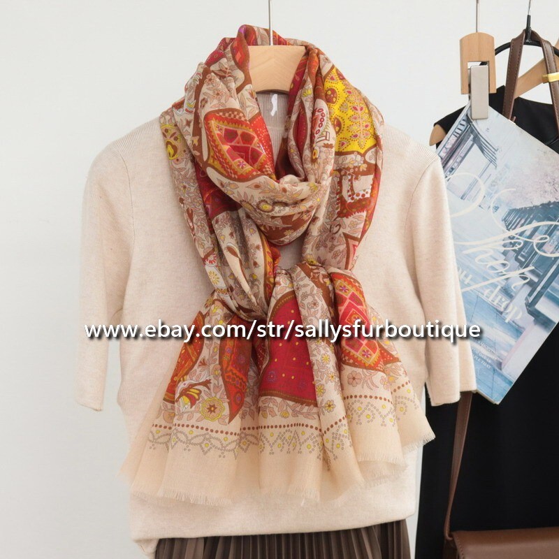 Sallys 200s Cashmere Thin Scarf Wrap Shawl Leaves Print Soft Delicate 78″*39″