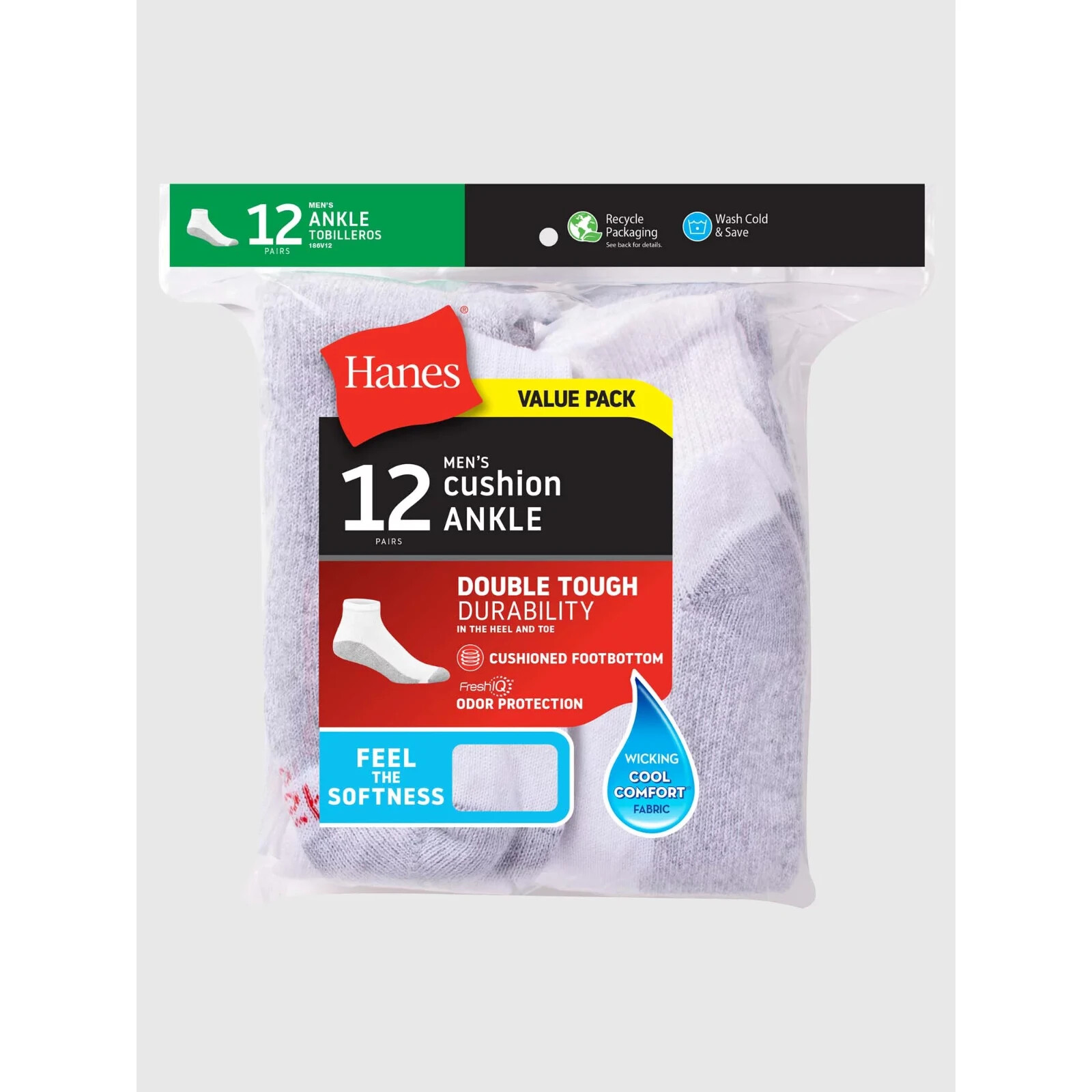 Hanes Men’s Double Tough Ankle Socks 12-Pack, Size 12-14