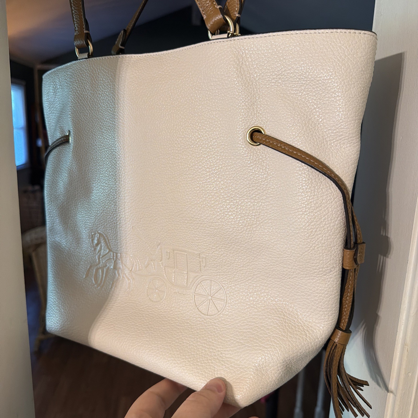 Coach Andy Tote With Horse And Carriage pebble leather Gold/Chalk Multi CA165