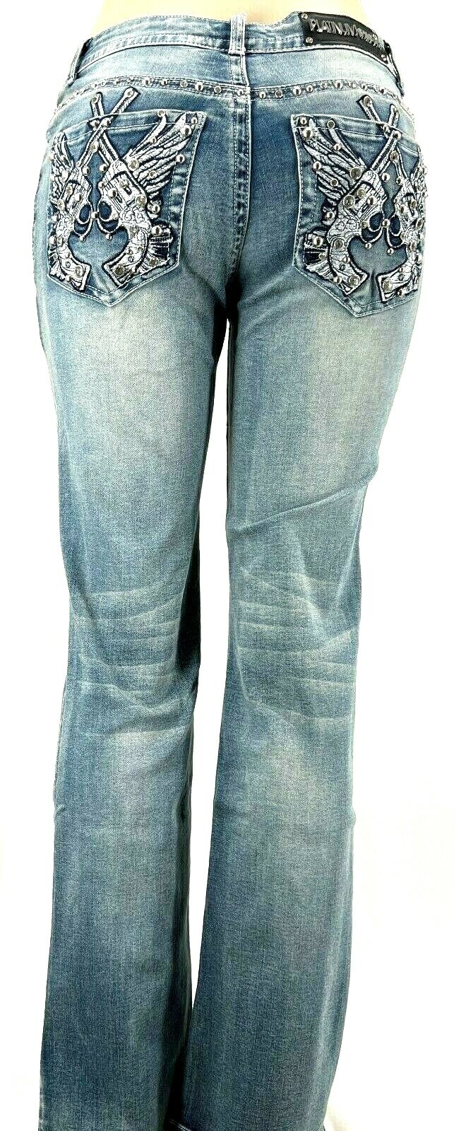 Platinum Plush Ladies Rhinestone Blue Denim Cross Pistols Jeans #4045 Size 5