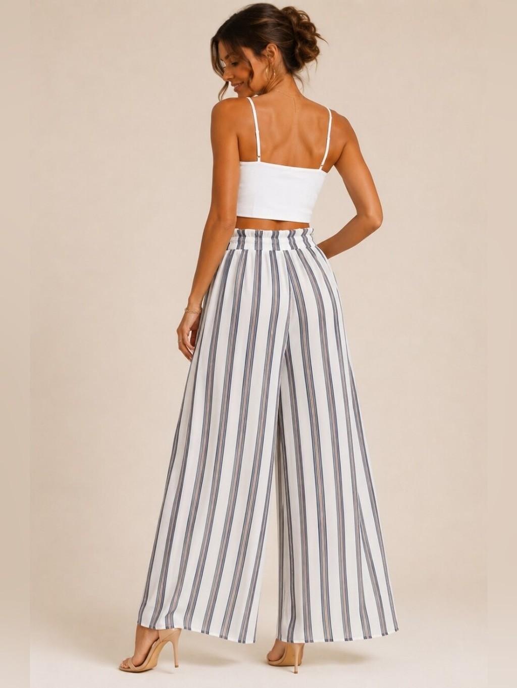 Simplee White Stripe Wide Leg Palazzo Pants Tie Waist Resort Beach Pants Size S