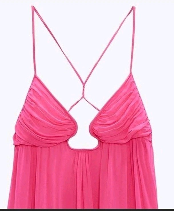 Zara S Hot Pink Fushia Chiffon Flowy Maxi Dress Blogger Open Back NWT $149 Vaca