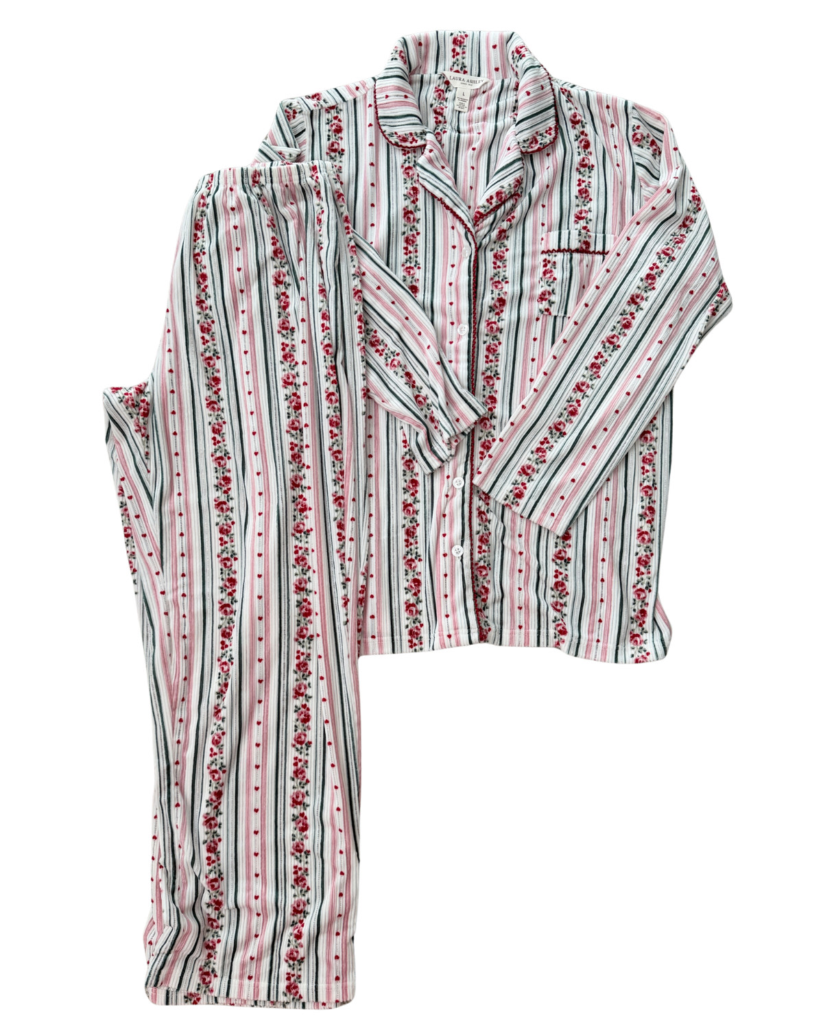 Laura Ashley Pajama Set Womens LG Plush Knit Red White Pink Green Floral Stripe