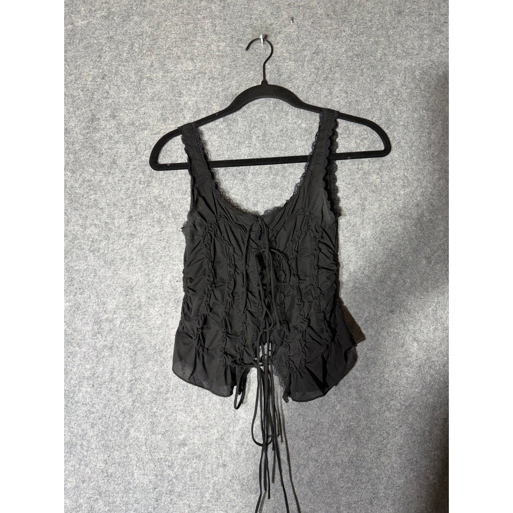 Commense Black Ruched Lace-Up Tank Top XS Fairycore Coquette Chiffon Lace Trim