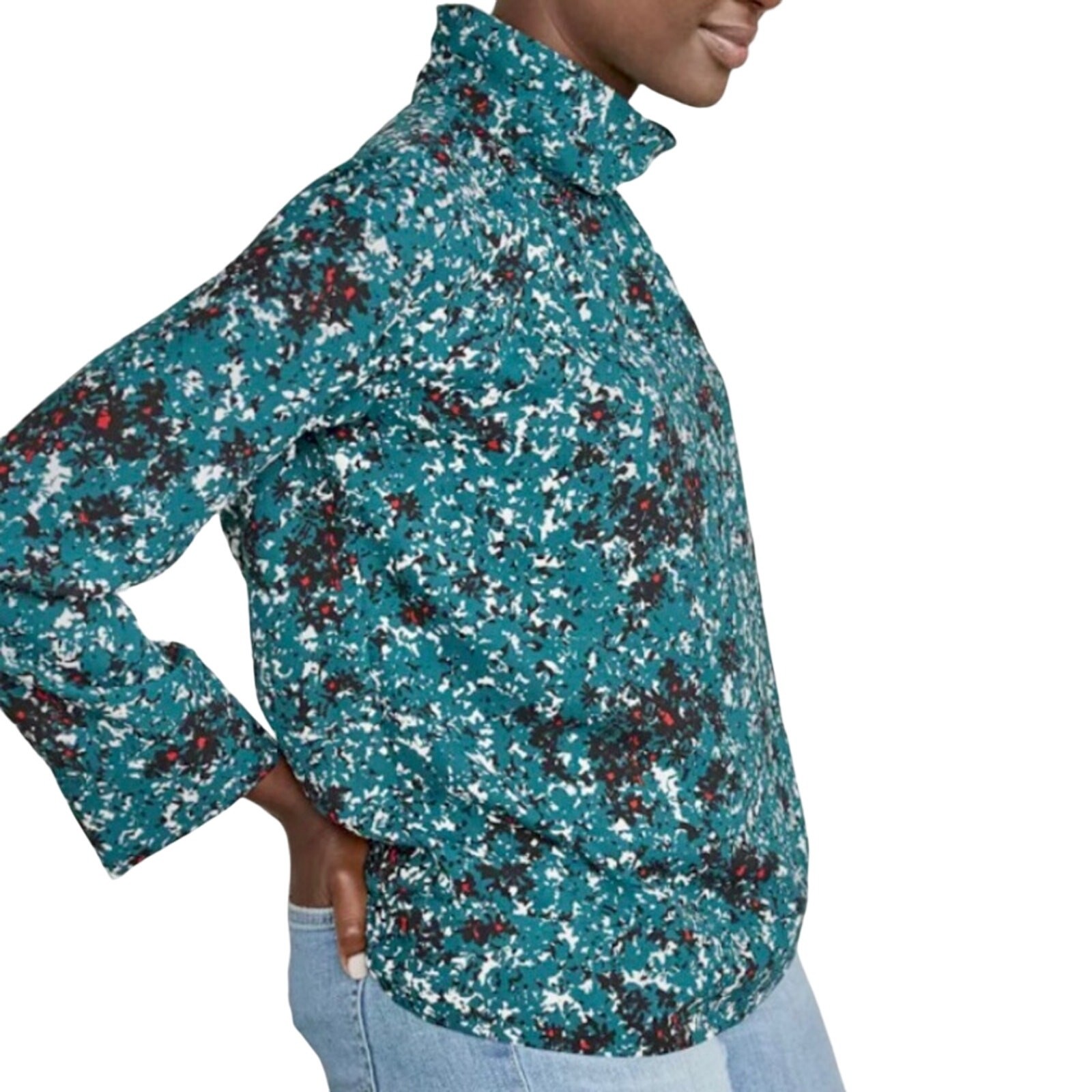 Elizabeth and James Teal Abstract Mock Neck Irina Petals Top Size Medium