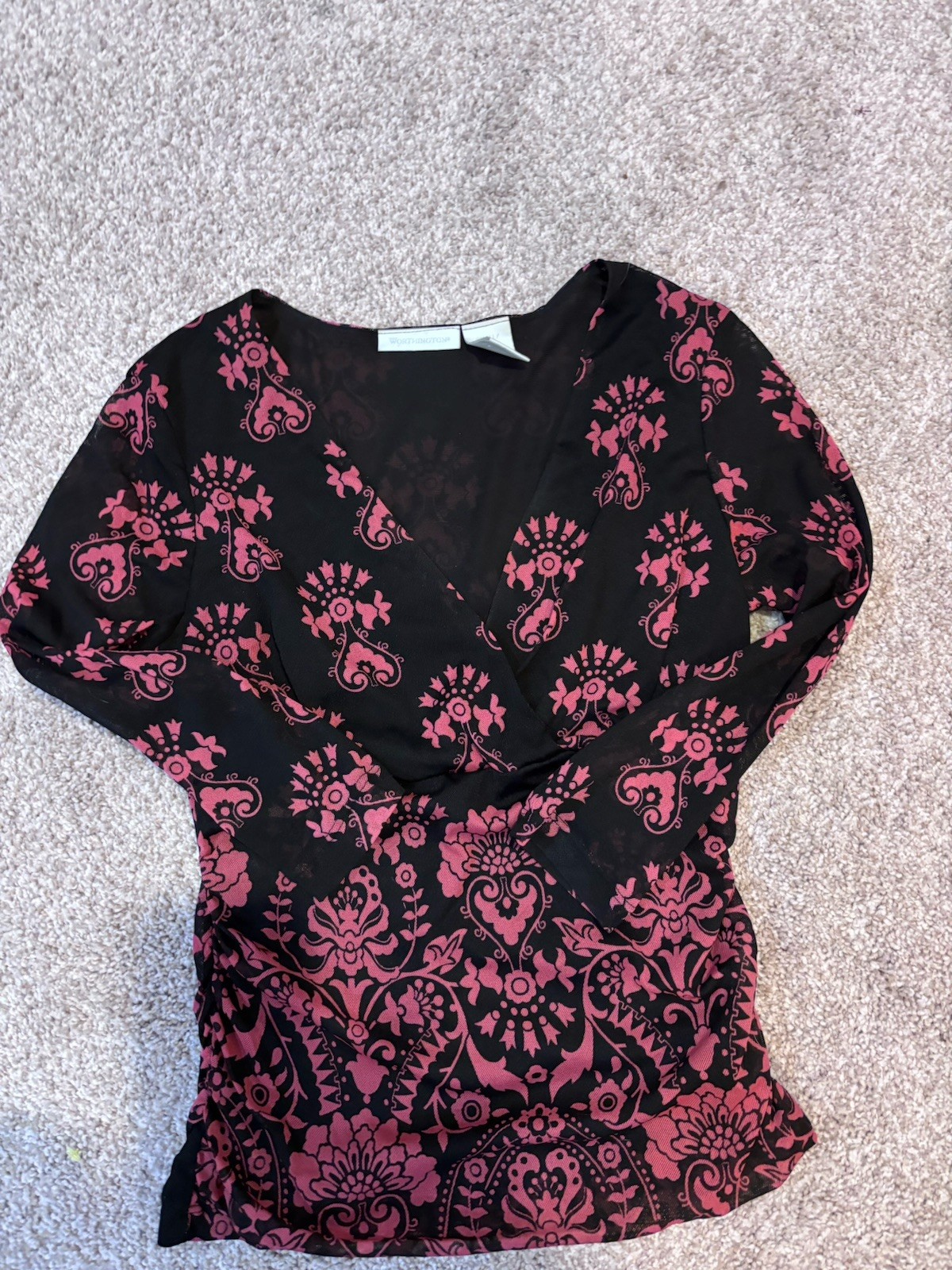 Worthington Women’s Black/Pink Floral V-Neck Long Sleeve Pullover Blouse S