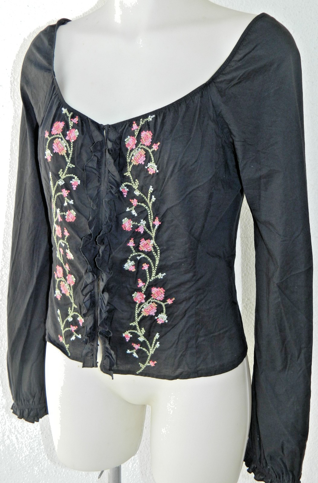 Hippie LAUNDRY by Shelli Segal Black Embroidered Peasant Style Top Size 6 BO-HO