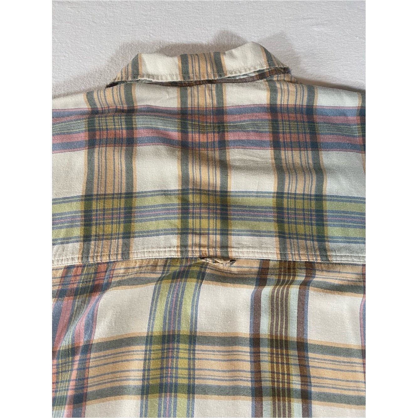 American Eagle Oversized Plaid Button-Up Shirt in Cream, Olive & Pink