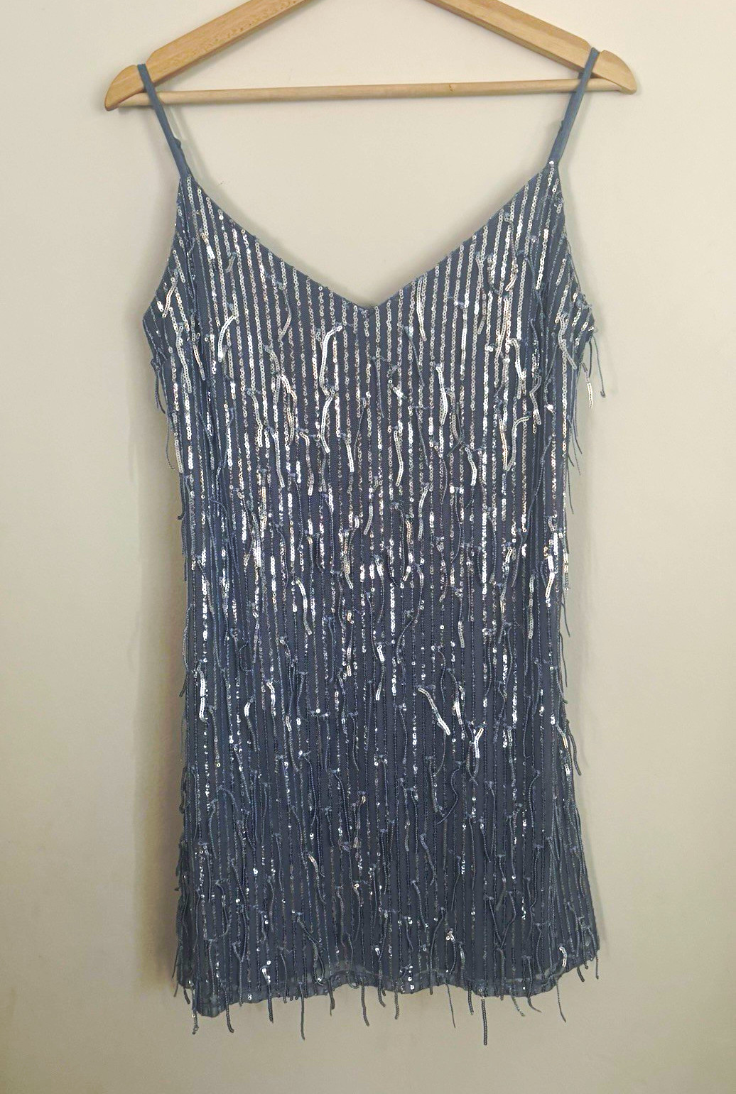 Blue Sequin Fringe Mini Dress Spaghetti Strap V-Neck Party Size L