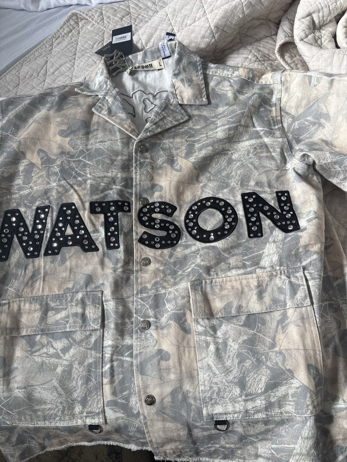 Watson Men’s Camo Denim Jacket Button-Up Pockets Studded Logo Gray/Beige L
