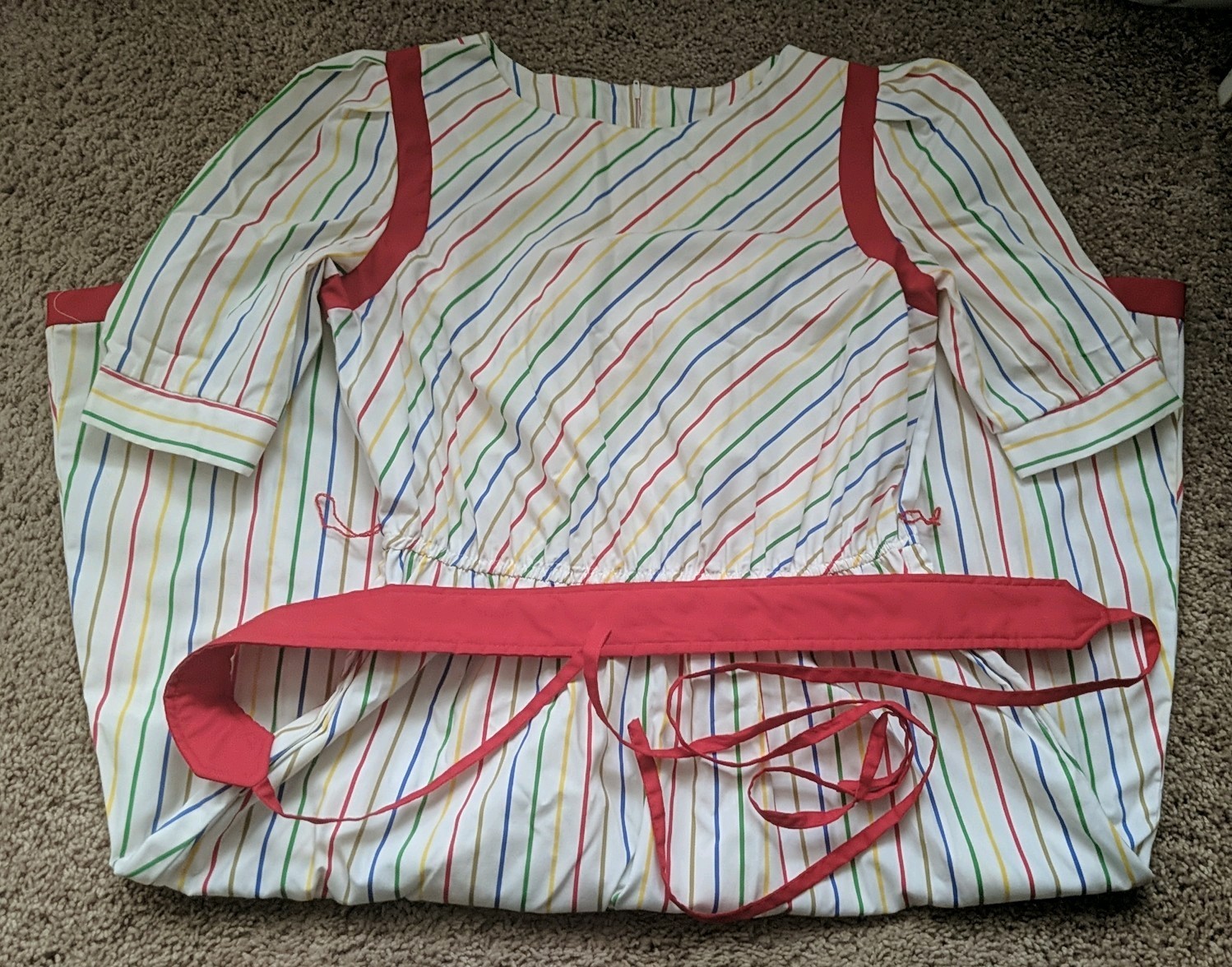 White With Multi-colored Stripes Knee Length Dress, Size 10 with Sash