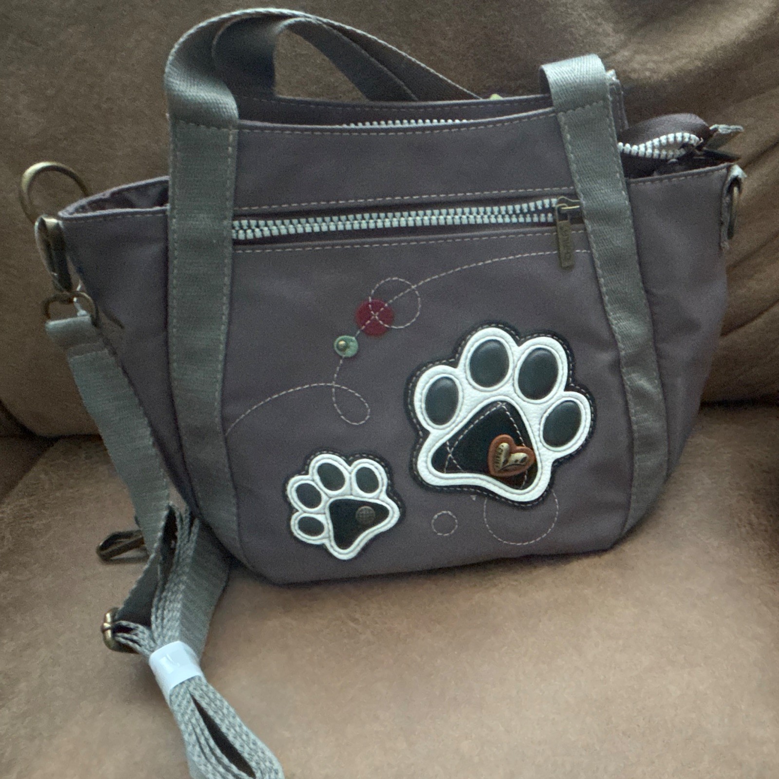 Chala Gray Dog Paw Applique Shoulder Bag RFID Blocking Zip Detachable Strap