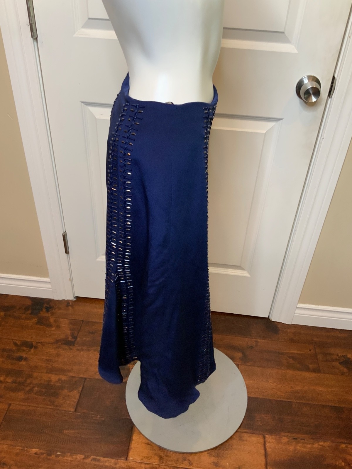 Charles Youssef Navy Blue Satin Silk Beaded Trumpet Skirt NWT $695, Size 6