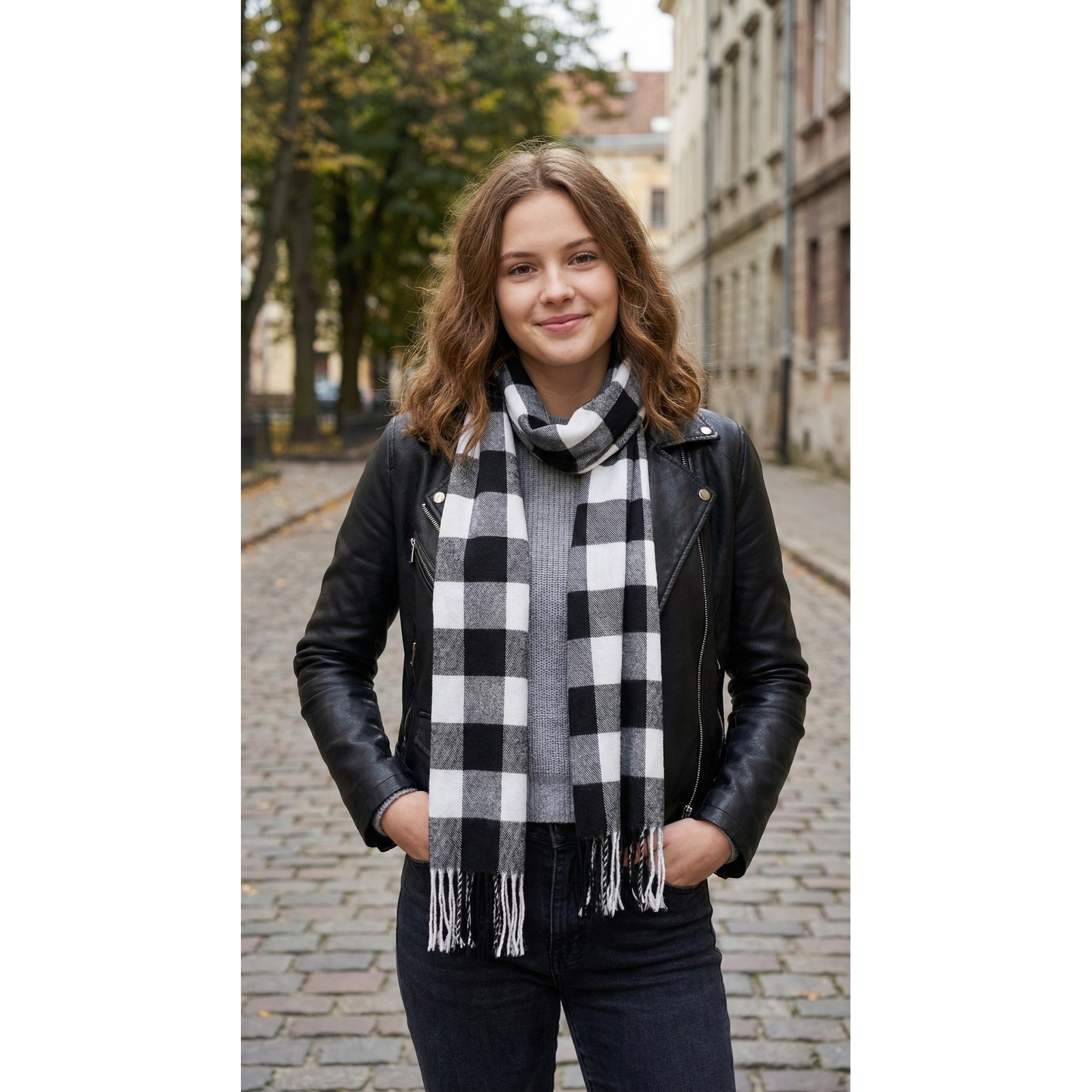 Women Scarf Wander Agio Women Buffalo Fringe Scarf 67 in x 13.5 in Black/White