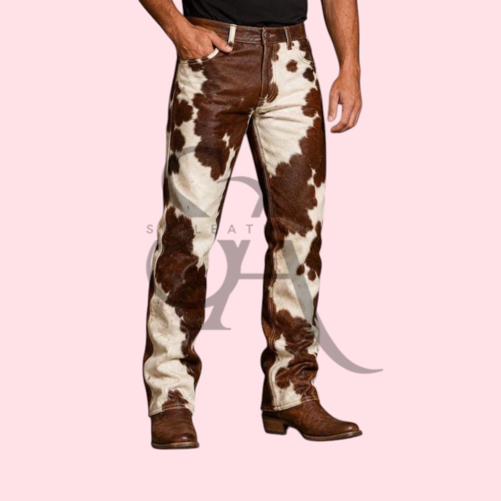 Men’s Genuine Brown & White Cowhide Leather Pants Real Hair-On Hide Trousers