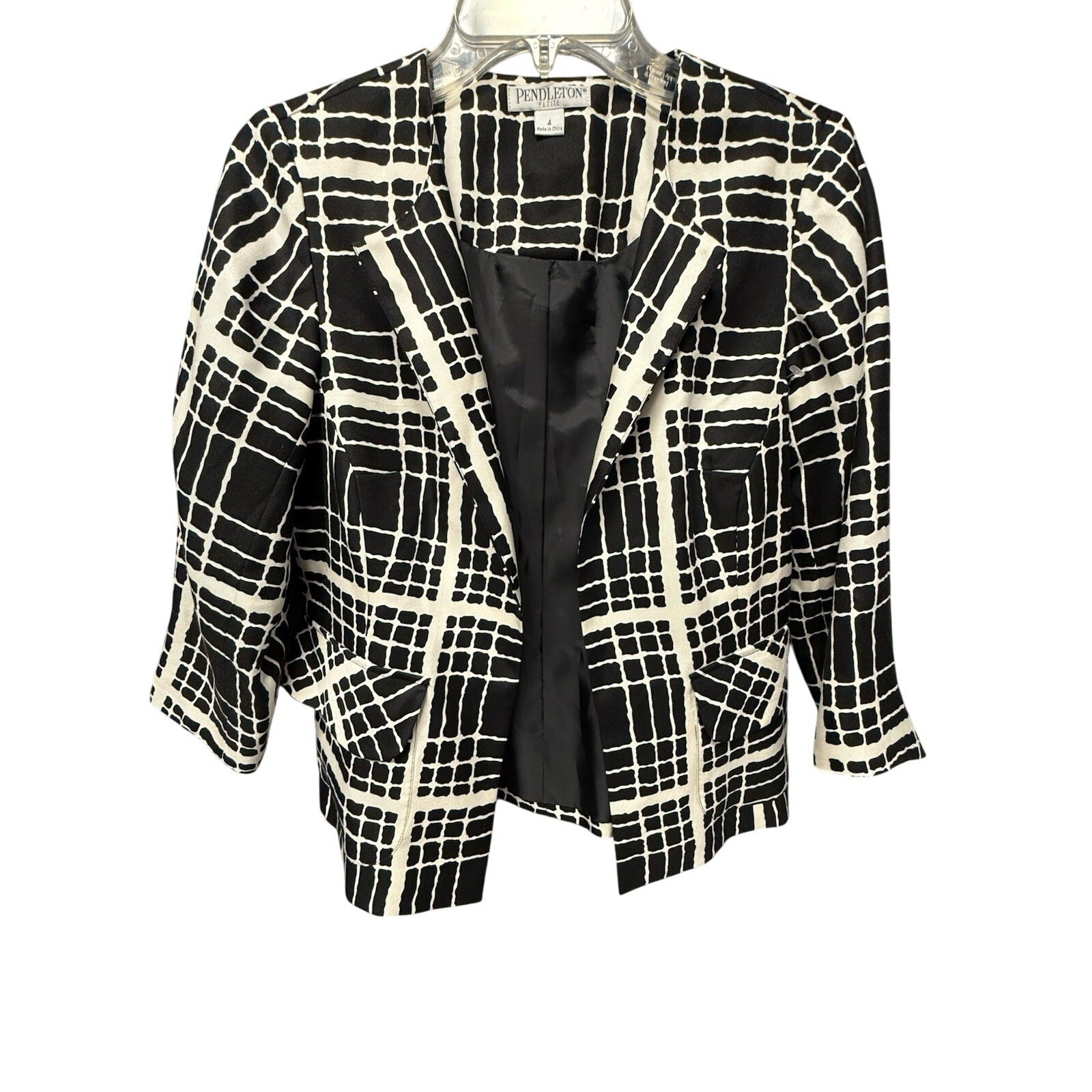Pendleton Petite Silk Blazer Jacket Black White Grid Geometric 3/4 Sleeve Size 4