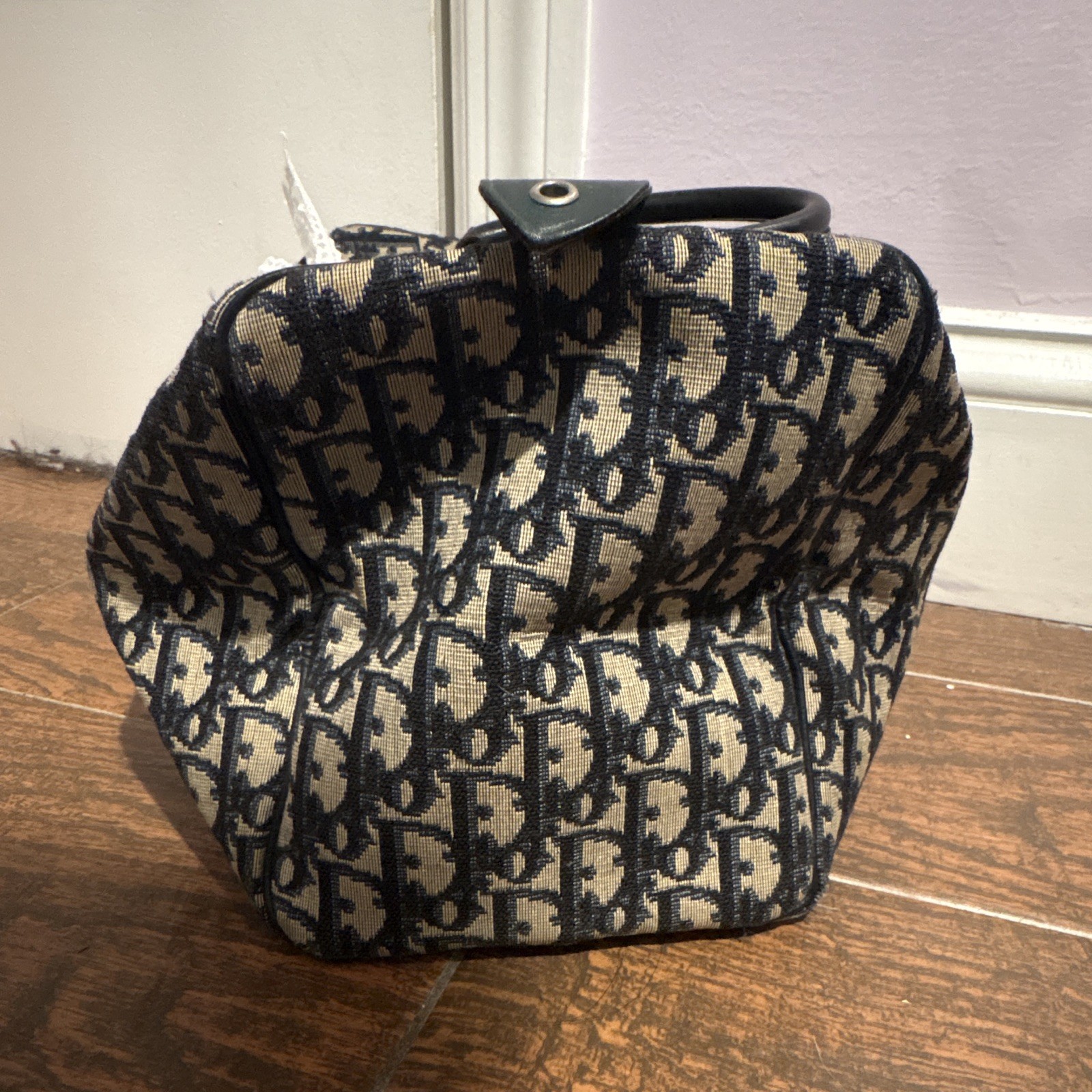 Dior Oblique Monogram Satchel Top Handle Zip Bag Navy Beige Silver w/ Charm