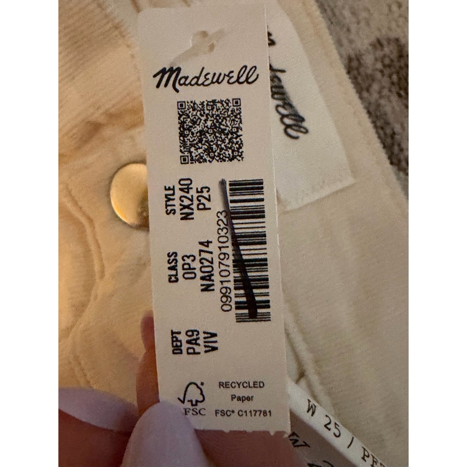Madewell Wide Leg Corduroy Pants Vintage Ivory 25P NWT