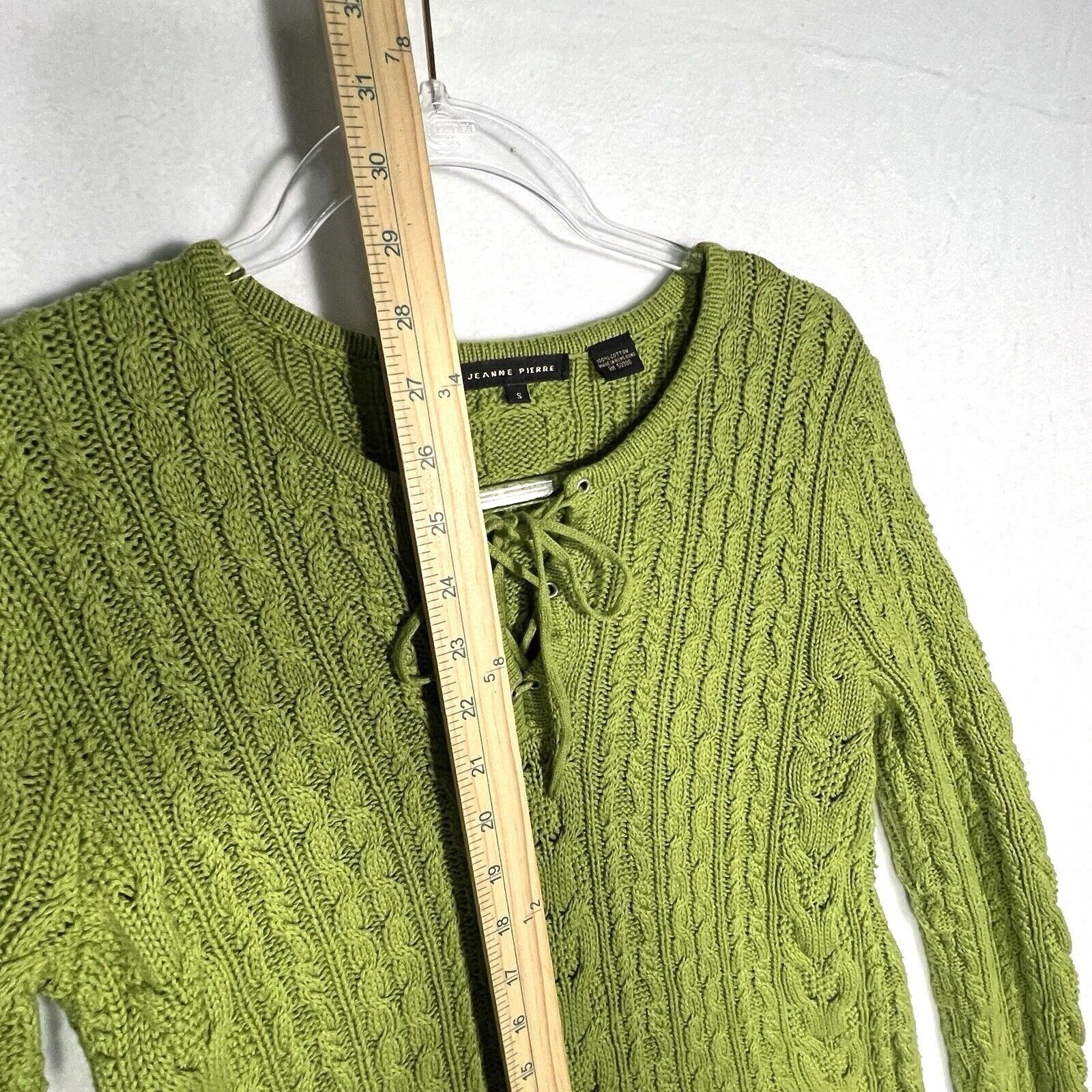 Jeanne Pierre Cable Knit Tunic Sweater Lace Up Green Womens Size Small S Pockets