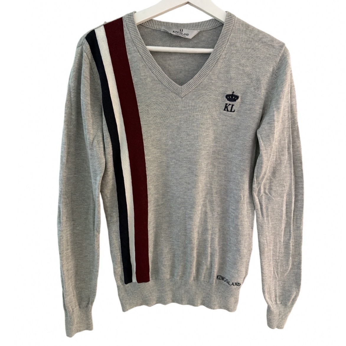 Kingsland Equestrian Womens Gray V-Neck Sweater Stripe Logo Size Small