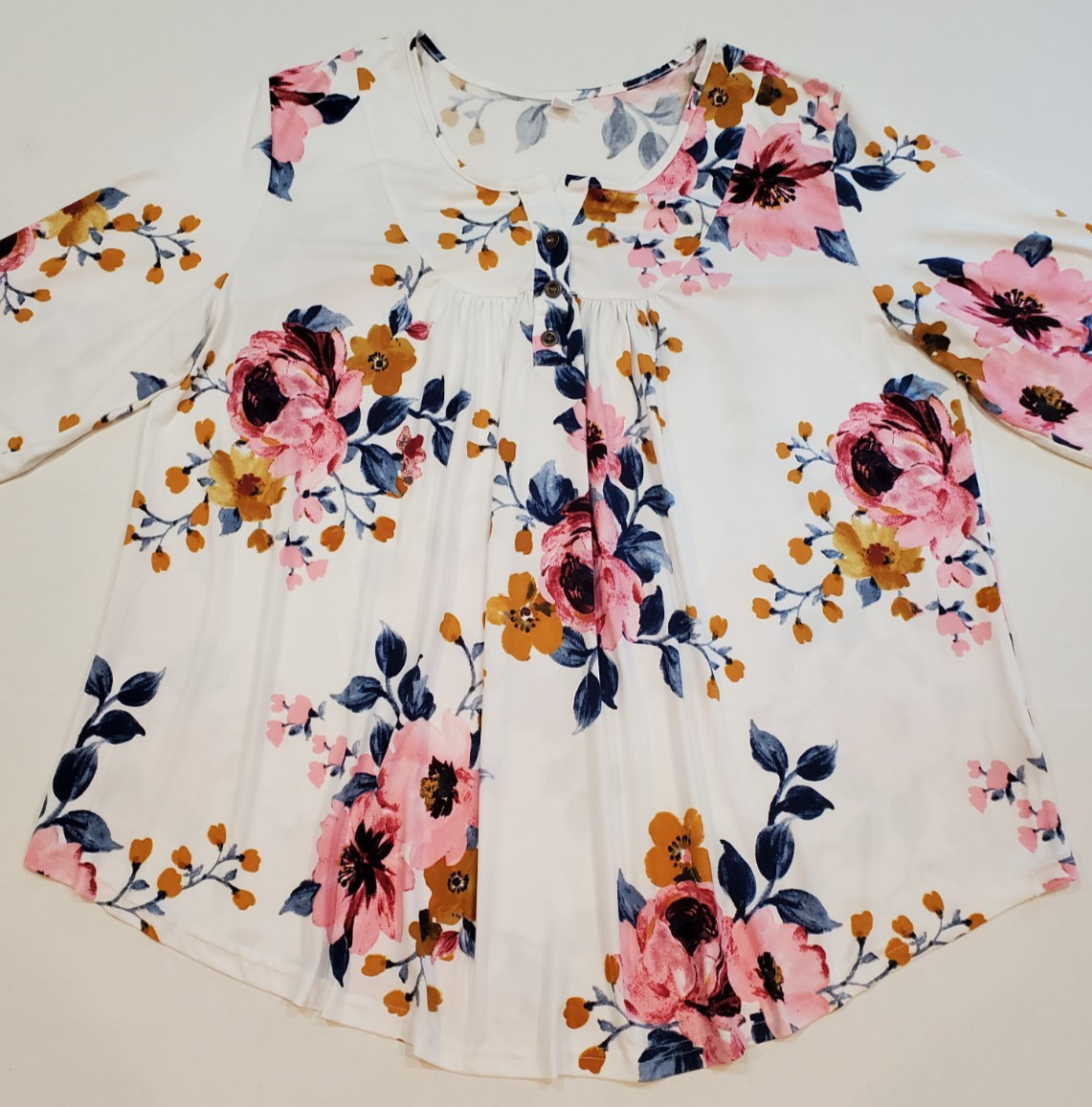 Women’s Top & Pants Set Long Sleeve Pull-On Size 2XL Floral Ivory Pink Blue
