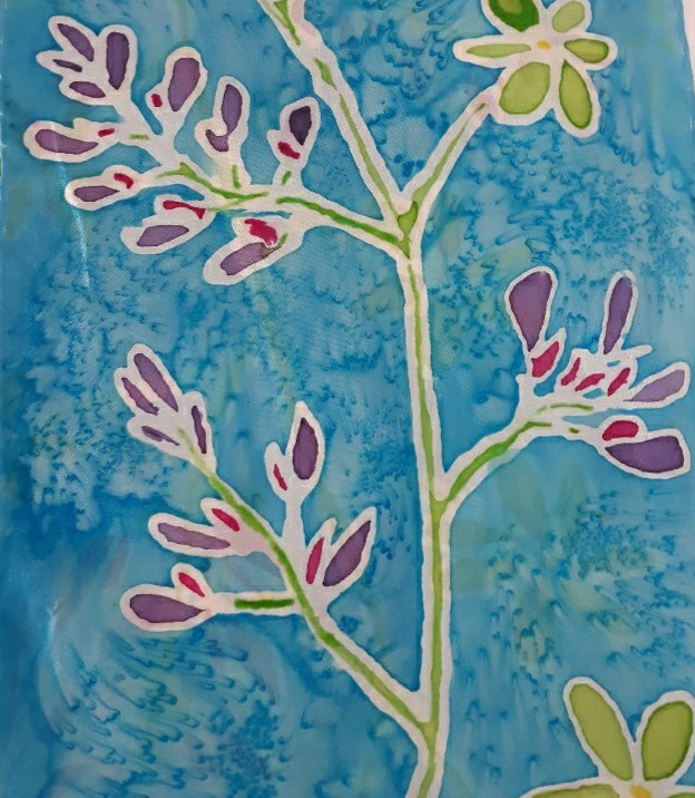 Hand Painted Batik Long Silk Scarf Turquoise Blue Floral 8×54 Rolled Hem