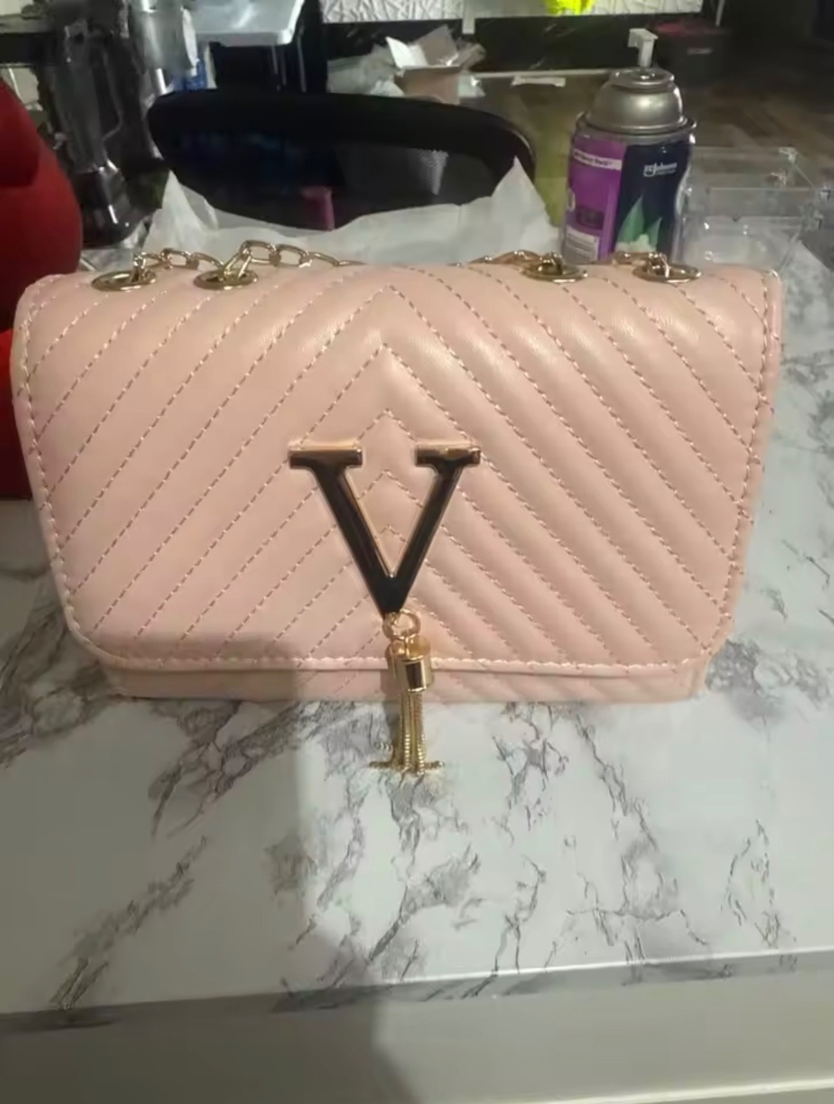 Women Chevron Quilted Chain Crossbody Bag V Logo Tassel Shoulder Flap Handbag