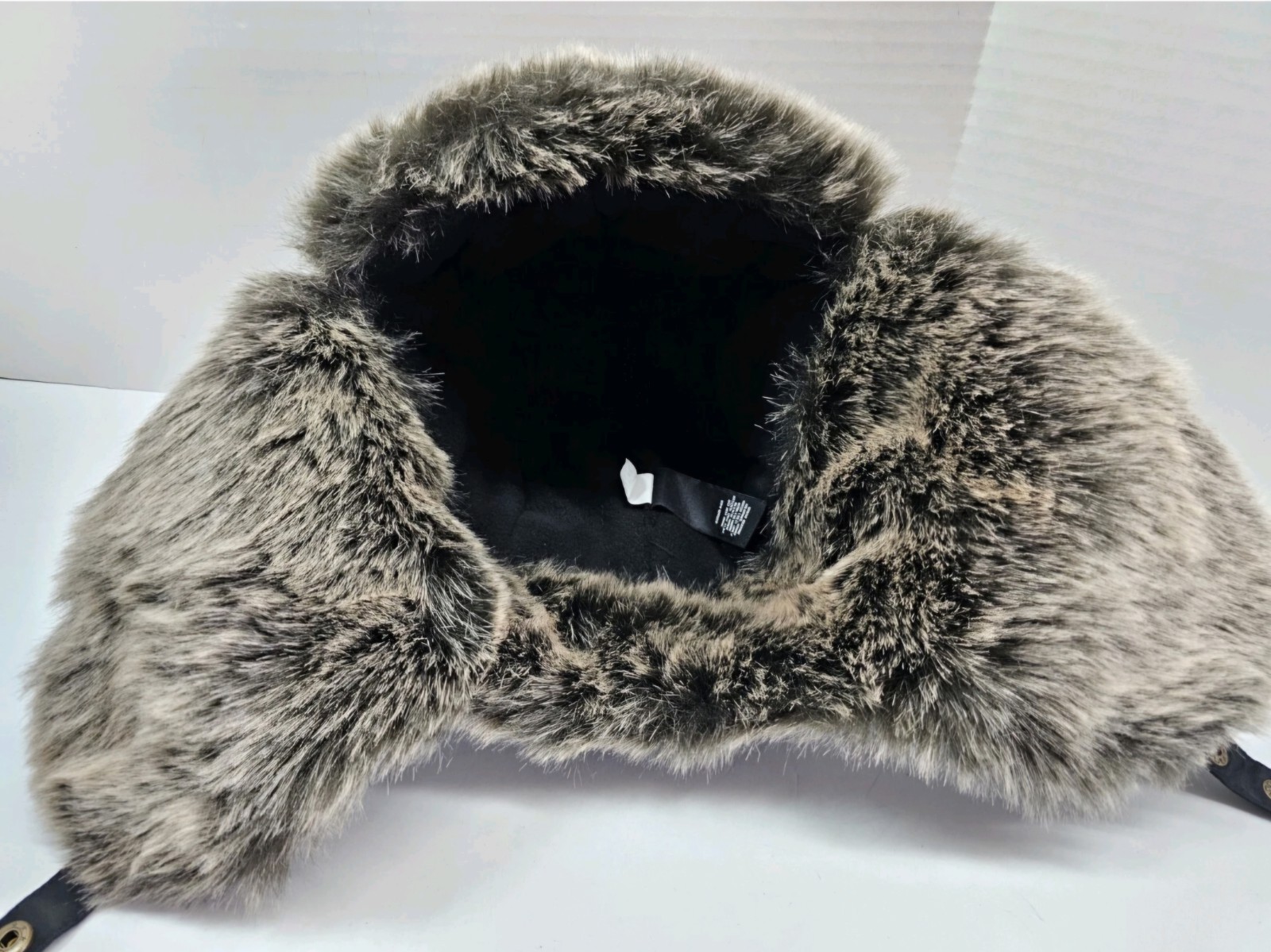Trapper Hat Genuine Fur Trim Quilted Black with Brown Fur One Size