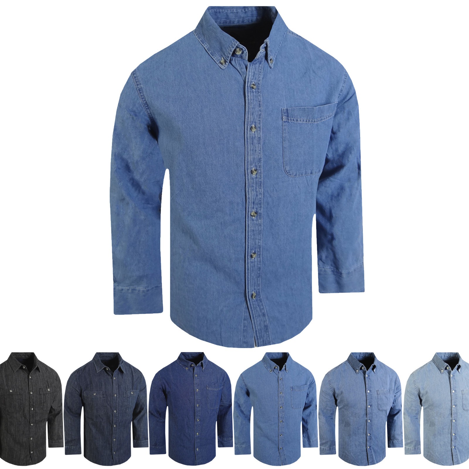 Washed Denim Cotton Shirt Mens Workwear Pockets Button Down Collar BIG FITTING