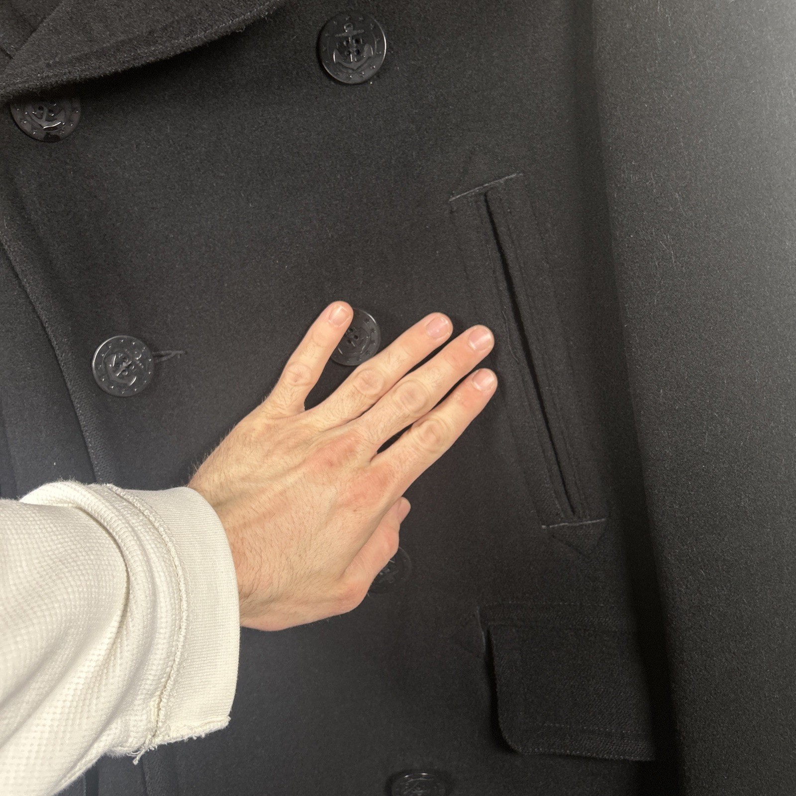 Polo Ralph Lauren Pea Coat Large Black Wool Double Breasted Anchor Naval RRL