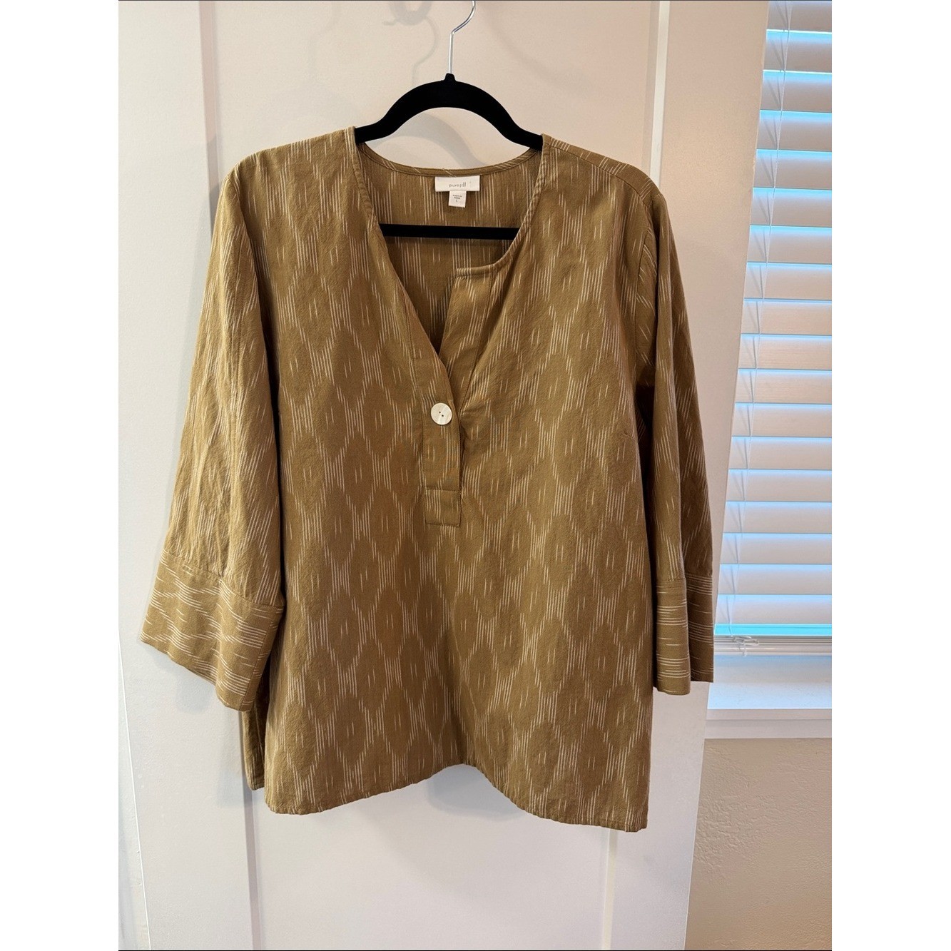 Ikat-Print Olive Split-Neck Relaxed Pullover Tunic with Button