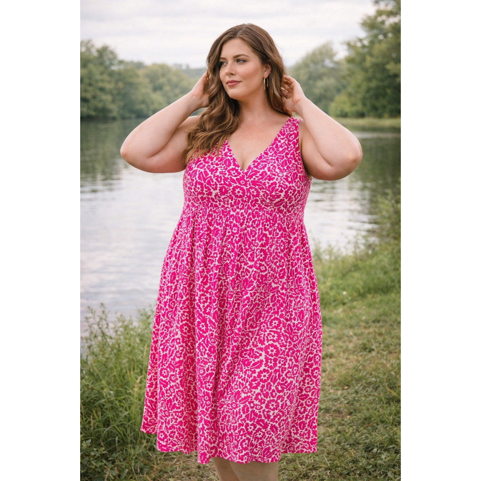 Liz Claiborne Dress Women 14W Pink White Floral V Neck Midi Business Travel