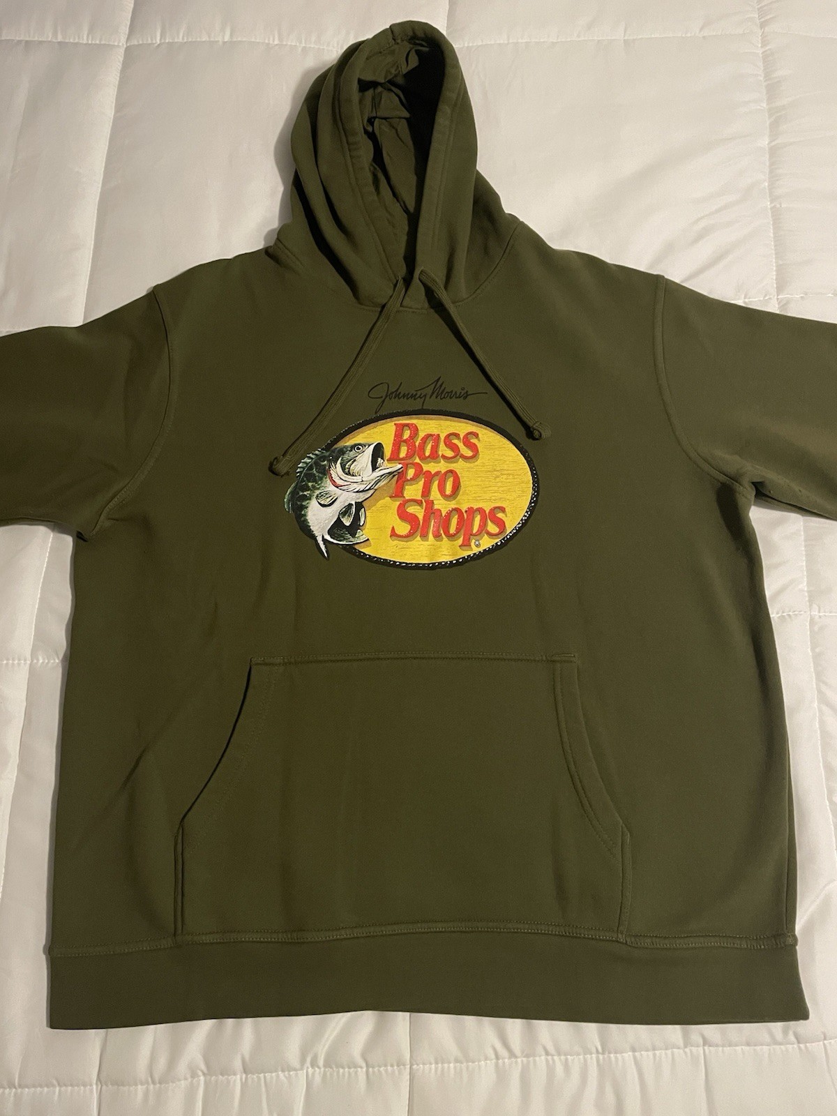 Bass Pro Shop Hoodie Olive Green Logo Print Pullover Hoodie Mens Size XL