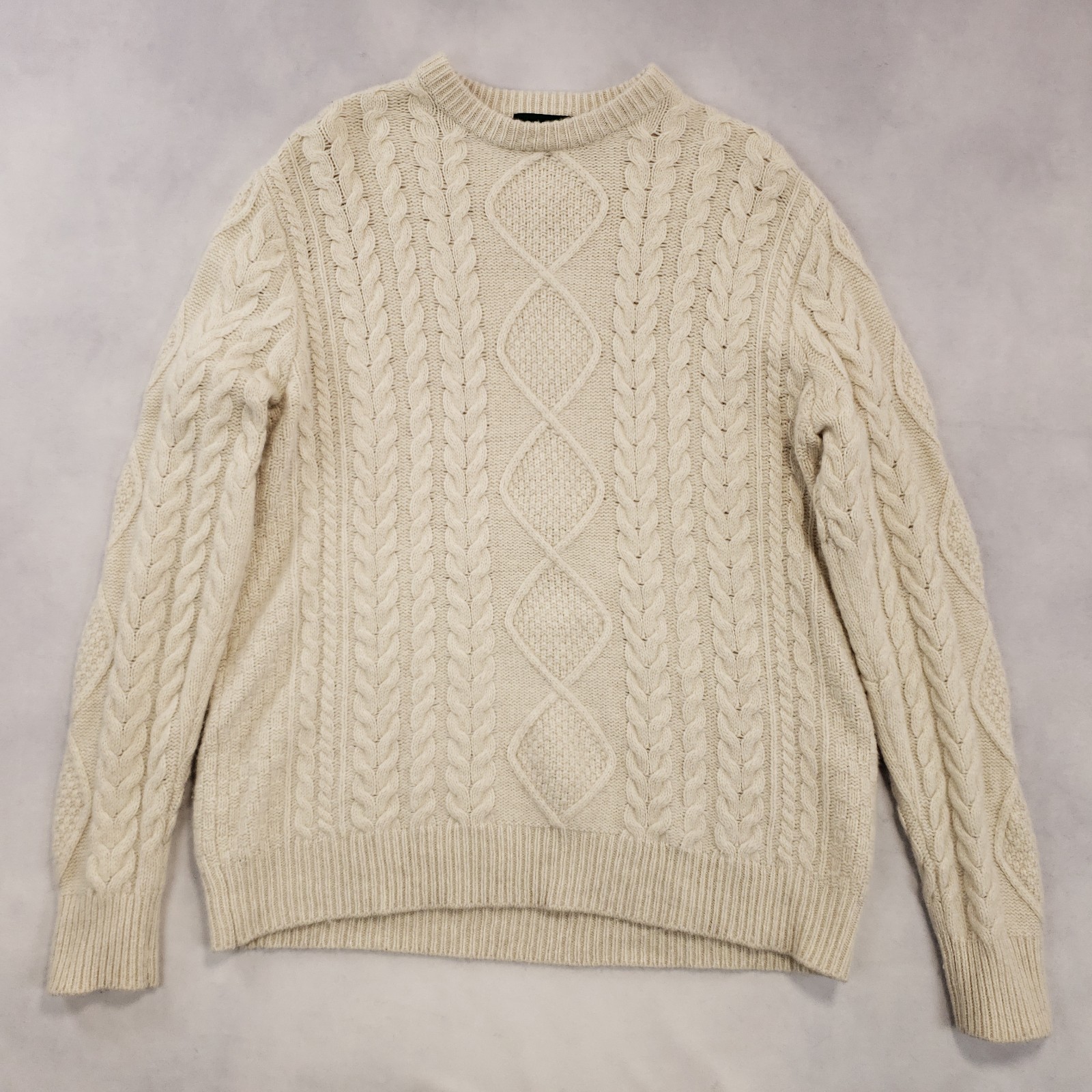 Orvis Sweater Men Medium Cream Cable Knit Merino Wool Blend Crew Neck Fisherman