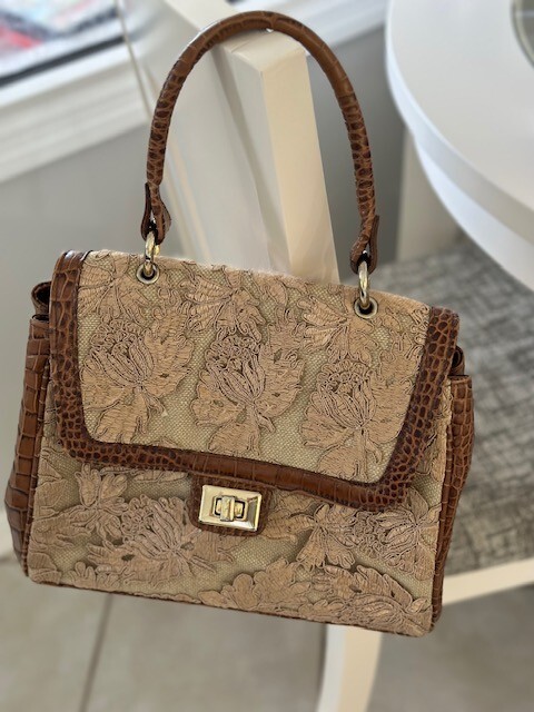 Gorgeous Clever Carriage Handbag Brown Beige Lace Made in USA Satchel Expandable