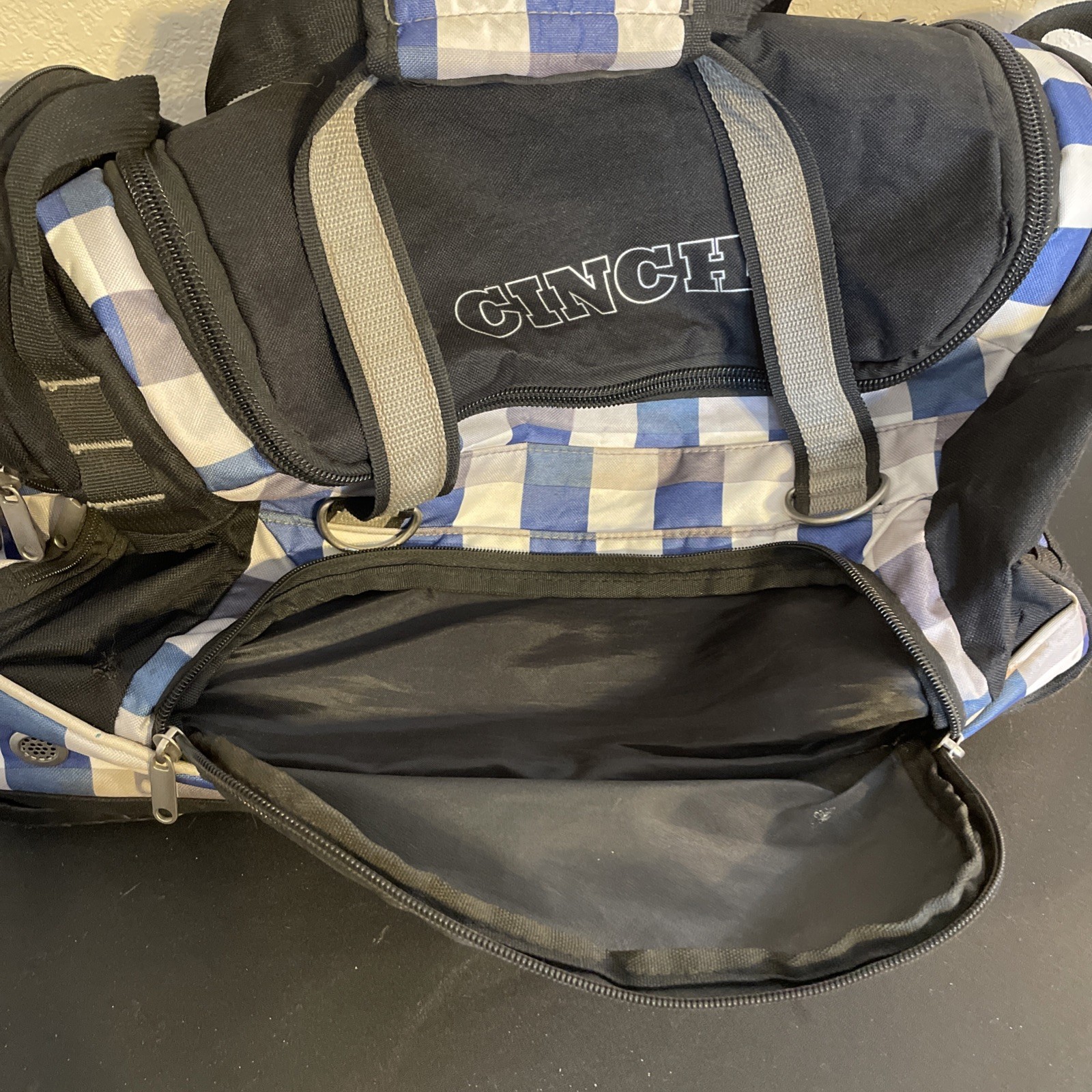 Cinch Jeans Canvas Duffel Roller W/ Handles Black Trim Blue Plaid