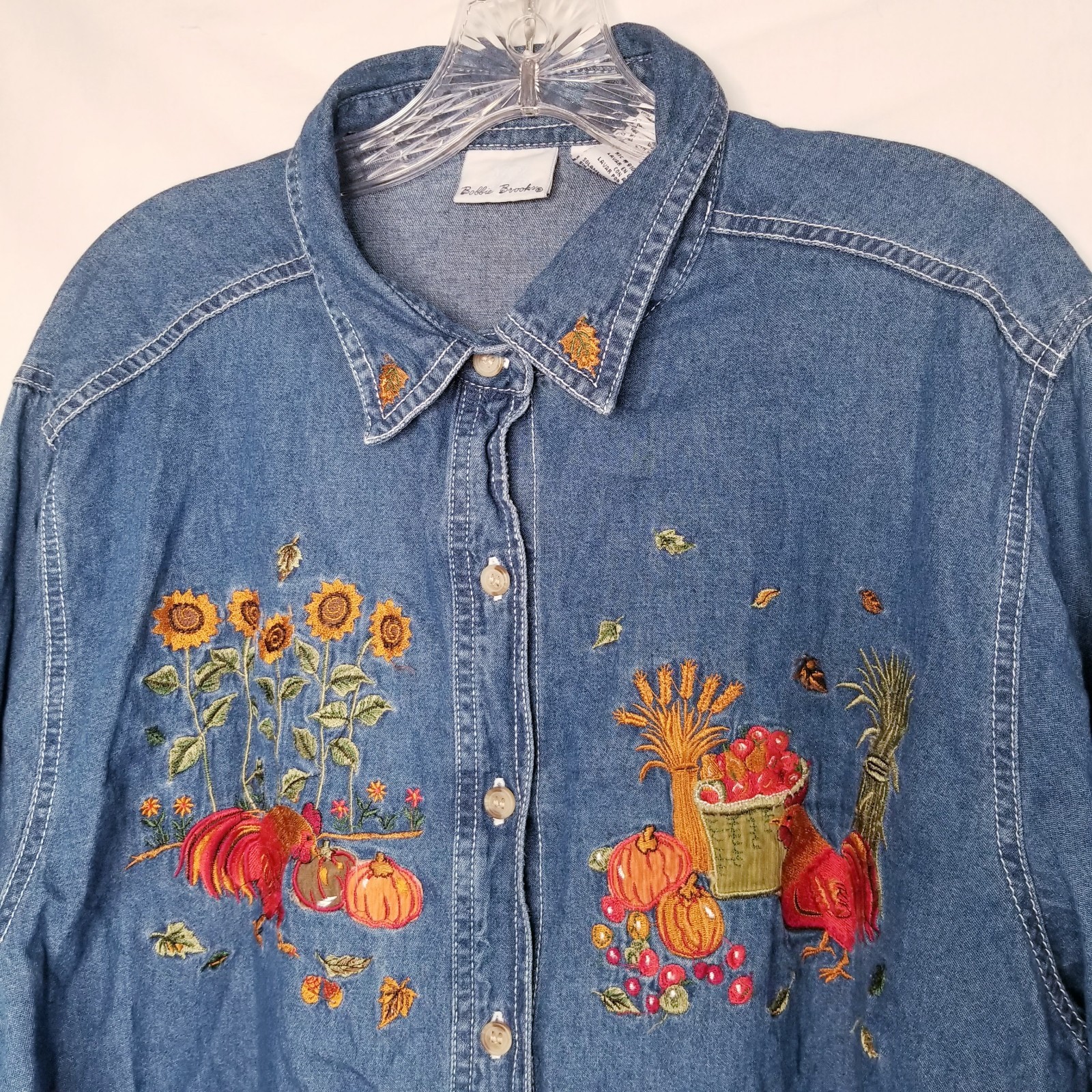 Vtg Bobbie Brooks Denim Button Up Shirt XL Chickens Sunflowers Fall Embroidered