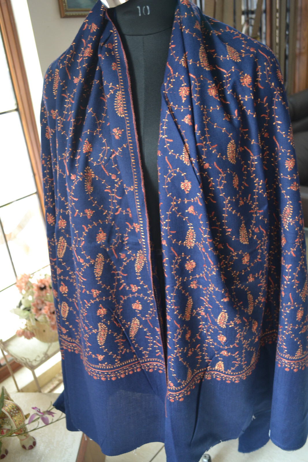 Dark blue MICRO JAAL KASHMIRI EMBROIDERY SHAWL ~ 100% CASHMERE PASHMINA