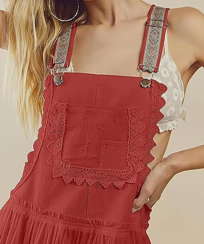 Women’s Laced Embroidered Tulle Bib Dress Casual Loose Adjustable Straps Maxi
