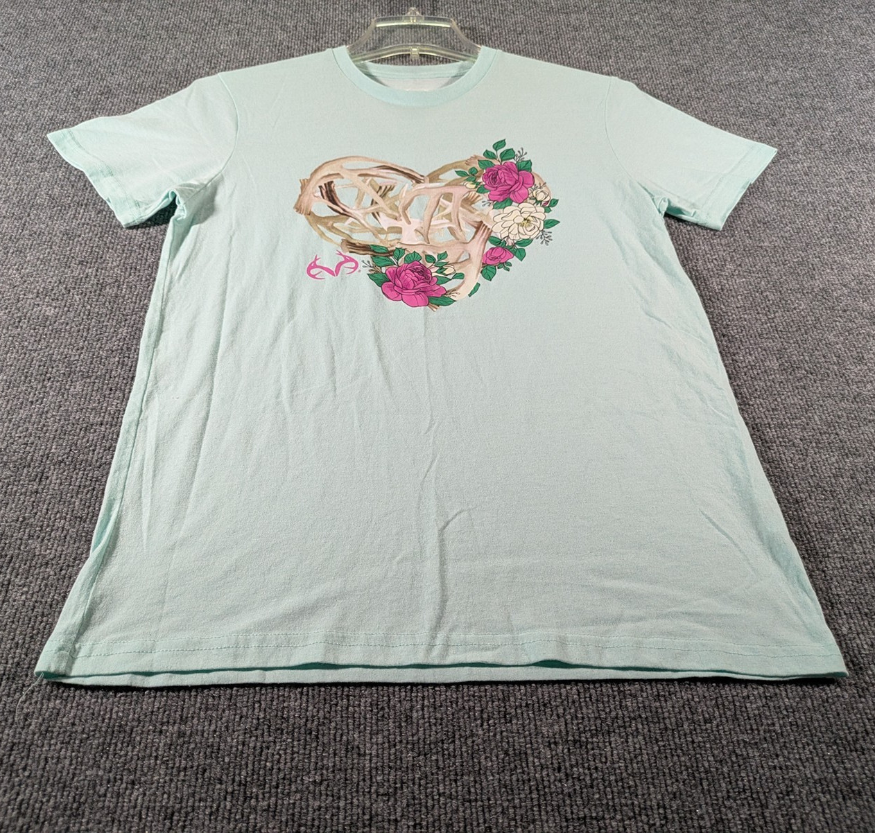 Real Tree T-Shirt Blue Graphic Print Floral Antlers Deer Hunting Womens Medium