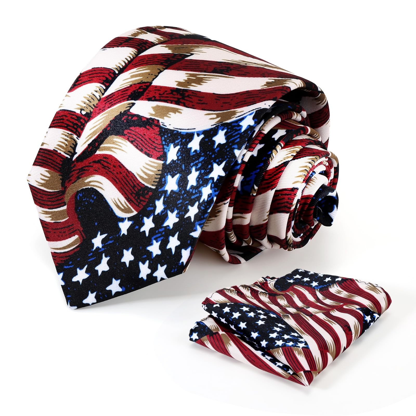 Men’s American Flag Tie Set 3.27″ (8.3CM) USA Flag Neckties and Pocket Honor