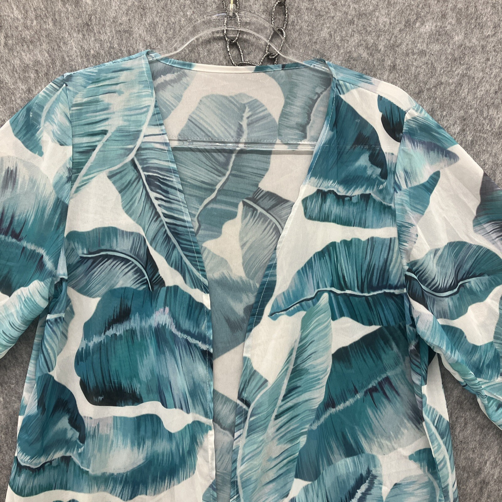 Beachy Tropical Sheer Kimono Topper Coverup Womens Large White Aqua Midi Length
