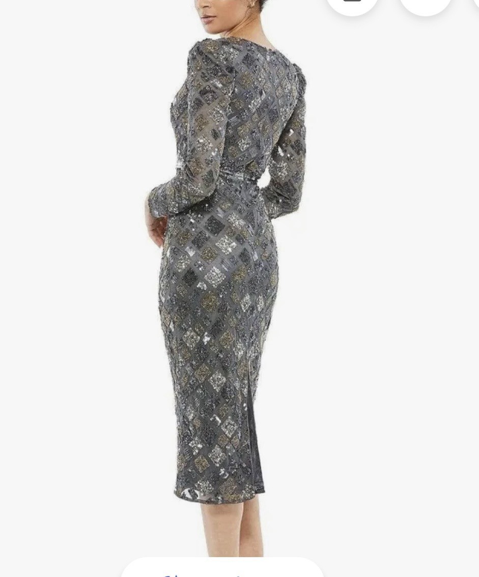 Mac Duggal Gray Geometric Sequin V-Neck Puff Sleeve Sheath Midi Dress size 14