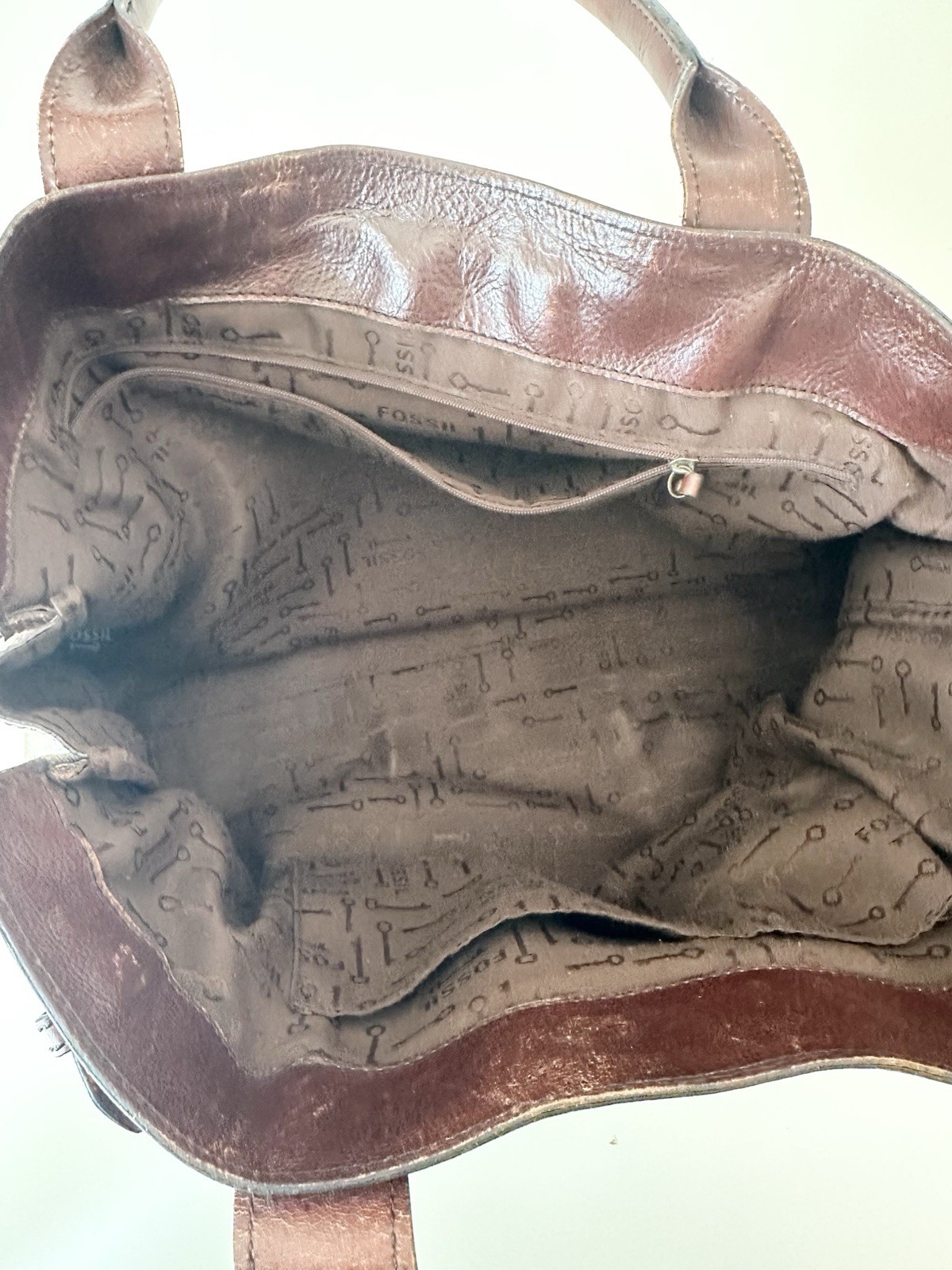 Fossil Colorblock Tote Bag Brown Gray Turn Lock Large Bottom Studs Inner Pockets