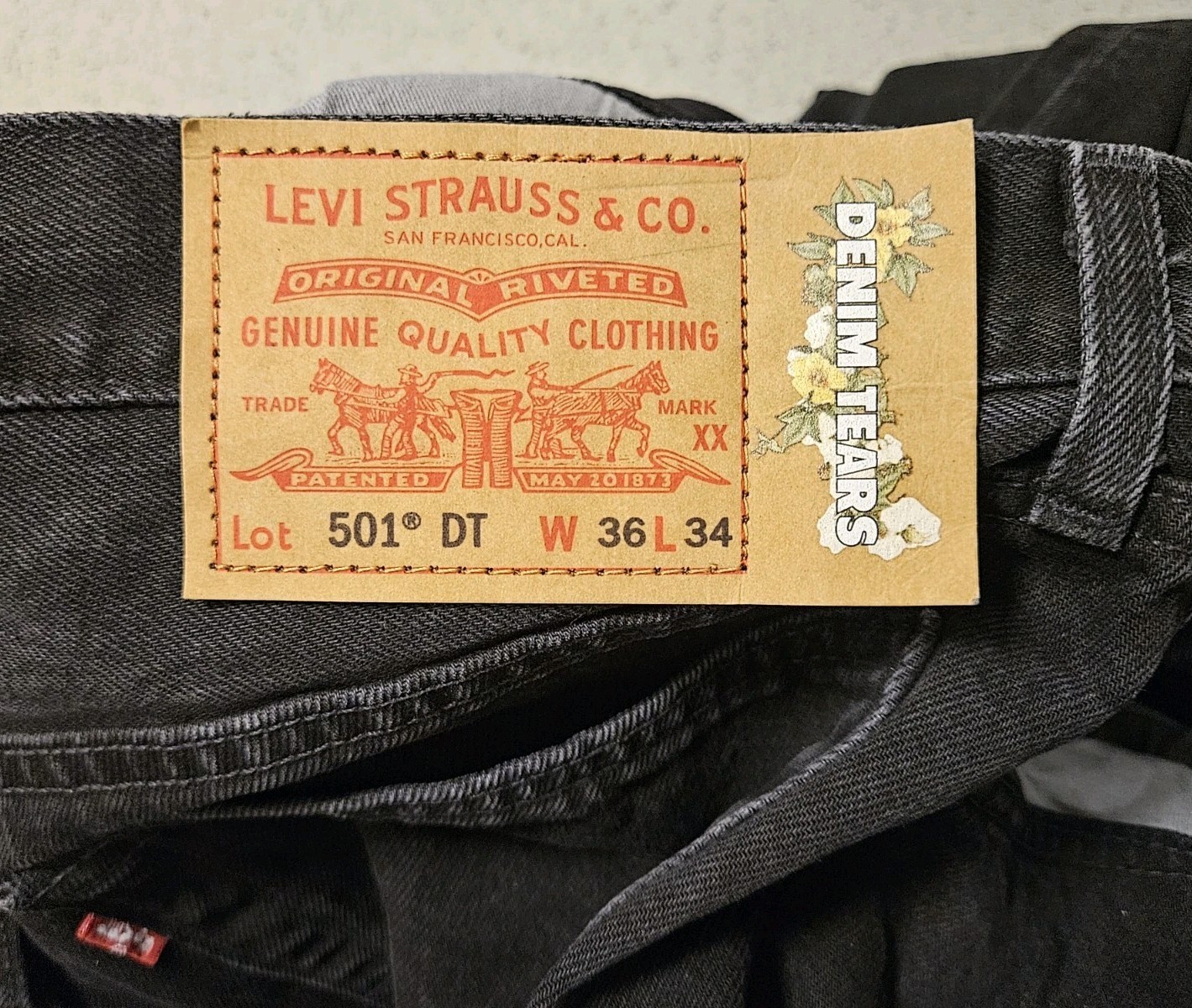 Denim Tears x Levi’s 501 Button Fly Big E Jeans Black Grey Men’s Sz 36 x 34 NWOT